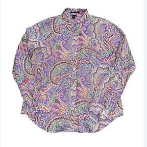 LAUREN RALPH LAUREN Shirt Top Linen Paisley Print Art ColorButton Up Down XL